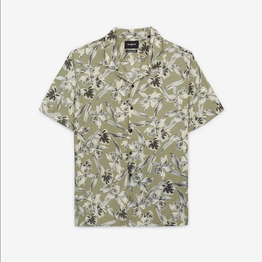 KOOPLES XS PRINTED KHAKI SHIRT WITH LEAF MOTIF